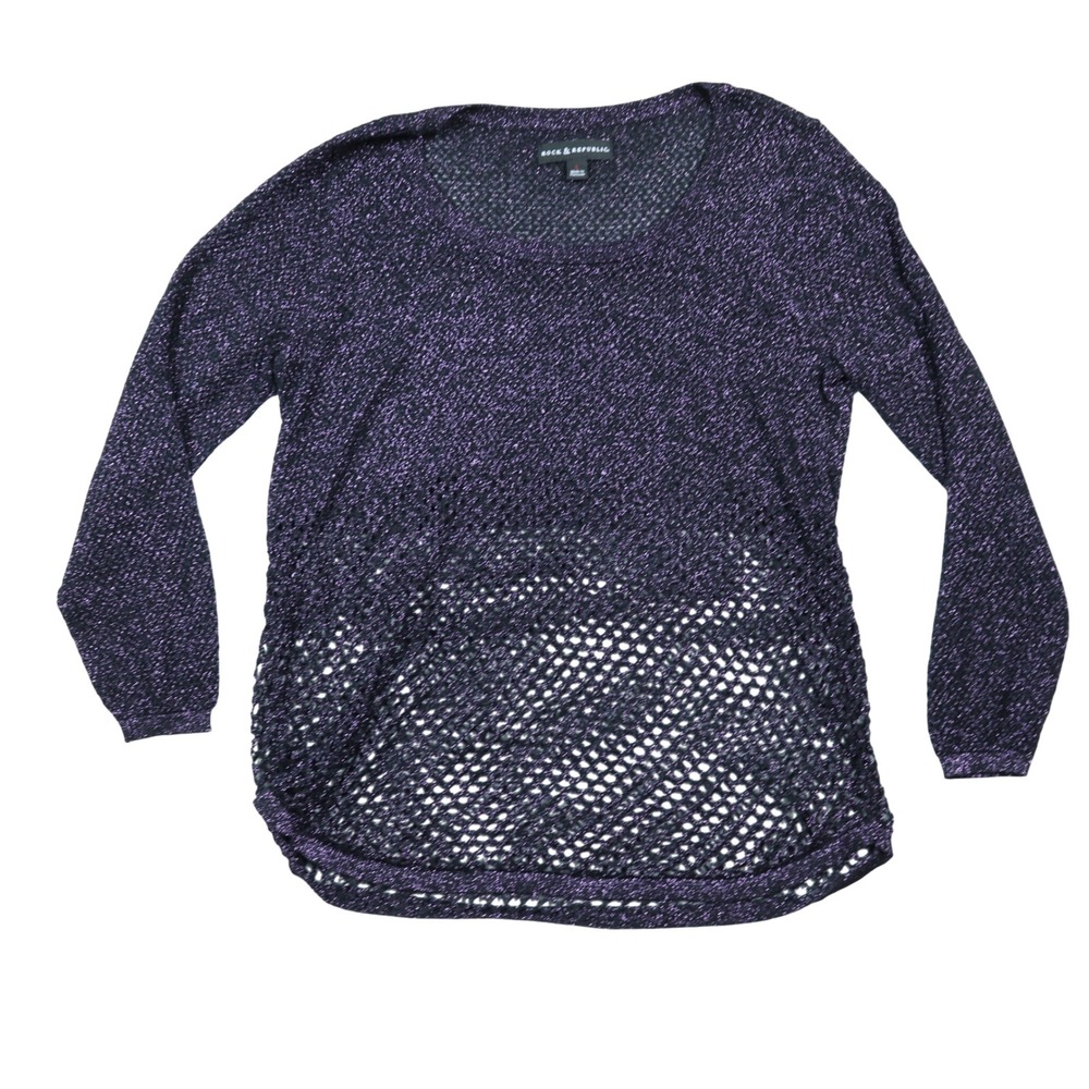 Rock & Republic Sweater Purple Women's L Metallic Open‎ Knit Long Sleeve Fishnet